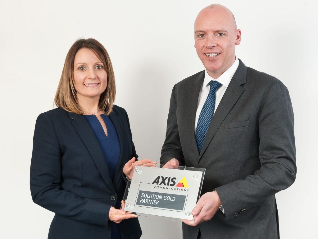 Stephen Snoddon and Angela Bennett - Axis Communications Gold Partner plaque.