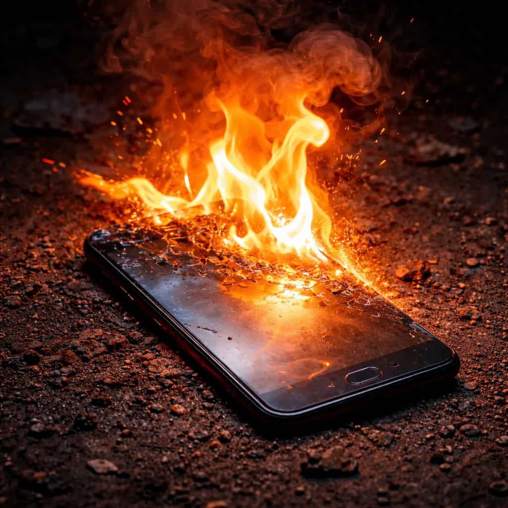 A smartphone engulfed in bright orange flames and smoke on a scorched surface, with sparks flying from the damaged lithium battery.